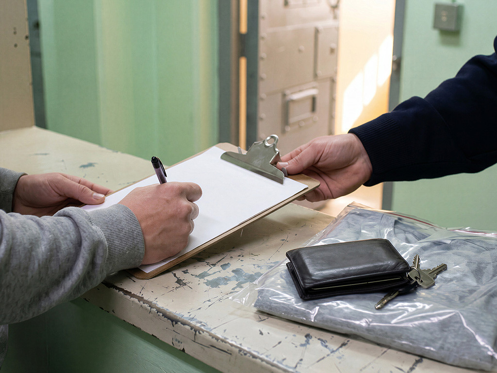 Person signing release paperwork as belongings are returned